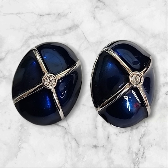 Vintage Silver Tone  80S IVANA TRUMP Blue Enamel Rhinestone Clip on Earrings - Picture 1 of 4